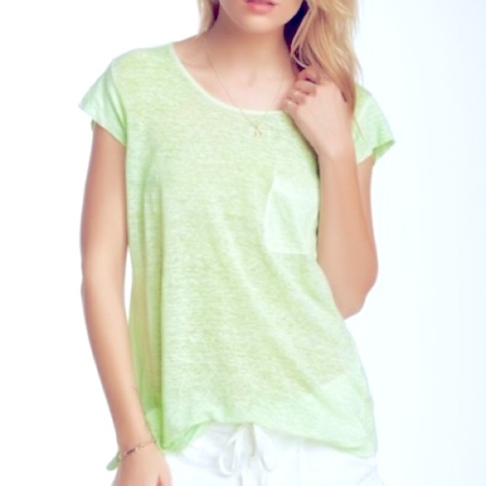 Like New Joie 100% Linen Pocket Tee Short Sleeve Asymmetric Hem Top Spring Green